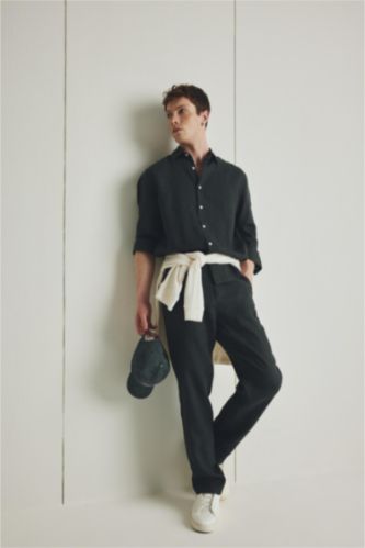 MAN Dark Khaki 100% Linen Relax Fit Straight Leg Trousers