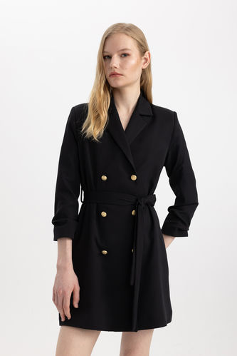 Jacket Collar Tweed Long Sleeve Midi Dress