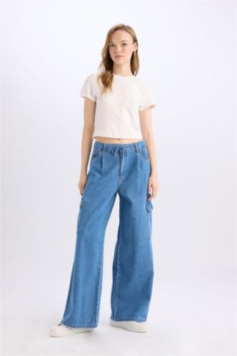 FEMME Bleu Pantalon Jean Cargo large Taille haute