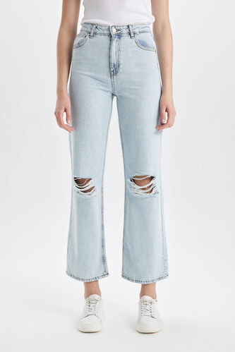 90's Wide Leg Yırtık Detaylı Yüksek Bel Uzun Jean Yıkamalı Pantolon