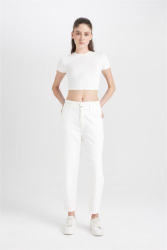 Paperbag Yüksek Bel Bilek Boy Beyaz Jean Pantolon