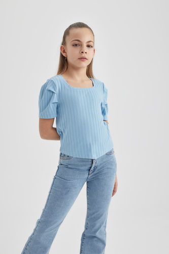 Kız Çocuk Crop Fitilli Kaşkorse Kısa Kollu Tişört