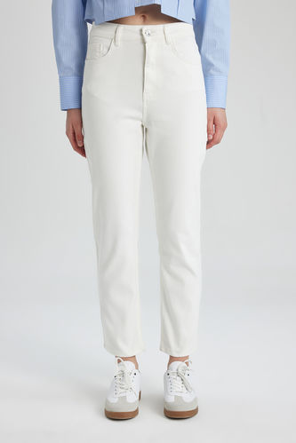 Pantalon Jean Mary Vintage Coupe Droite Taille Haute Cheville Blanc