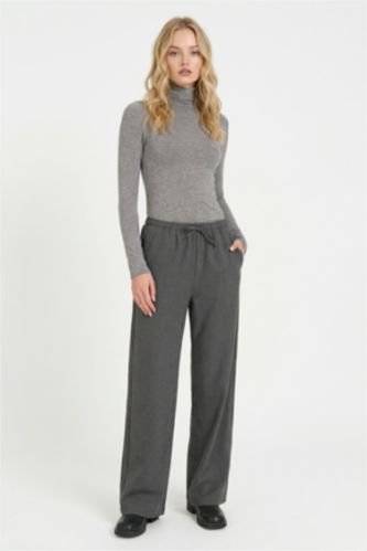 Wide Leg Geniş Bol Paça Beli Lastikli Bağcıklı Cepli Kumaş Palazzo Pantolon 