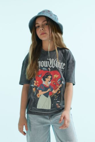 Kız Çocuk - Genç Kız Antrasit Kız Çocuk Disney Prenses Relax Fit Bisiklet Yaka Kısa Kollu Tişört