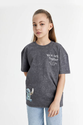Kız Çocuk Disney Lilo & Stitch Oversize Fit Kısa Kollu Tişört