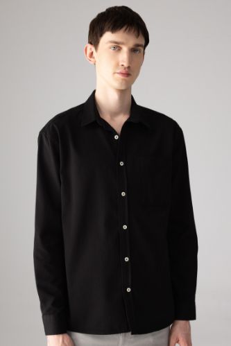Relax Fit Polo Yaka Gabardin Uzun Kollu Siyah Gömlek