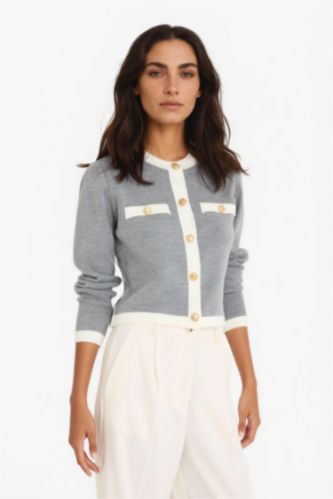 FEMME Gris Cardigan en maille boutonné à col rond Coupe régulière