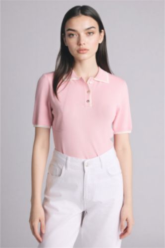 Woman Light Pink Slim Fit Polo Collar Pullover