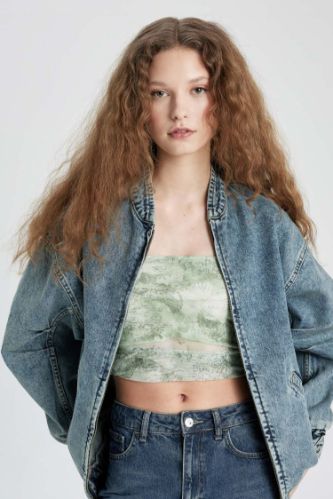 Oversize Geniş Kalıp Jean Bomber Ceket Kolej Yaka Fermuarlı Çift Cepli