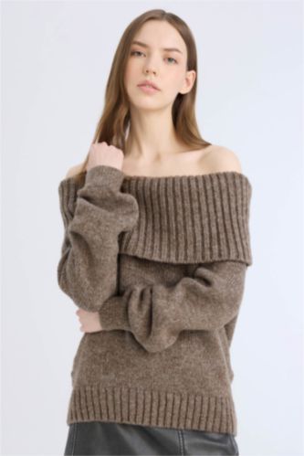WOMAN Brown Regular Fit Strapless Knitwear Pullover