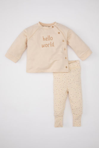 Baby Girl Button Detailed Printed Sweatshirt Leggings 2 Piece Set