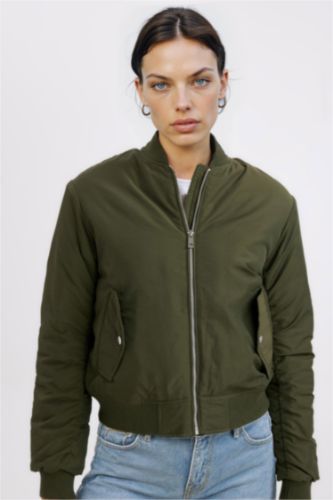 Su Geçirmez Kolej Yaka Düz Fermuarlı Cepli Bomber Ceket Mont
