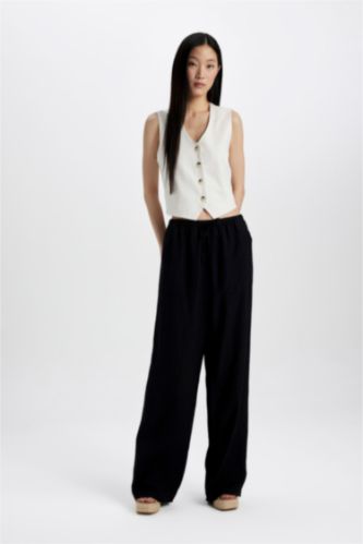 Straight Fit Wide Leg With Pockets Crinkle Fabric Trousers