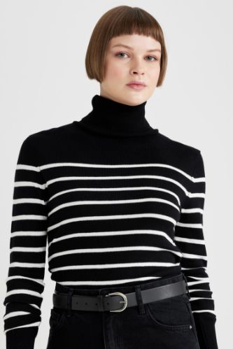 Regular Fit Striped Turtleneck Knitted Pullover