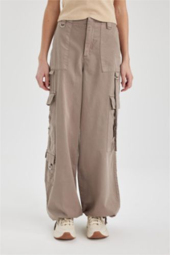 Pantalon Cargo en Gabardine à Taille Haute avec Poches Cargo