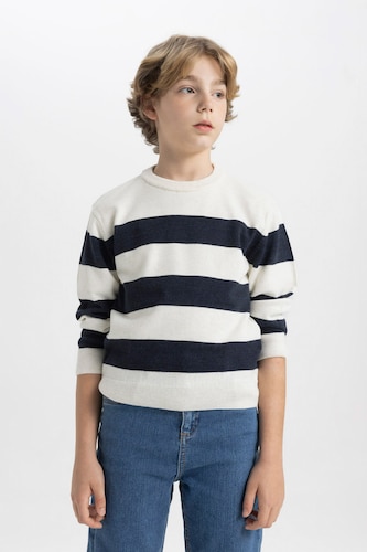 BOYS & TEENS Ecru Melange Boy Crew Neck Striped Pullover