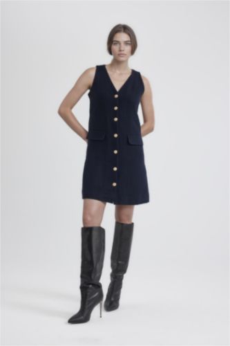 V Yaka Kolsuz Düğme Detaylı Midi Elbise