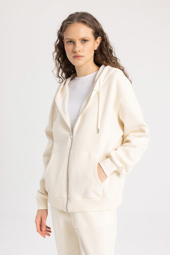 Relax Fit Hooded Thick Sweatshirt Fabric Cardigan