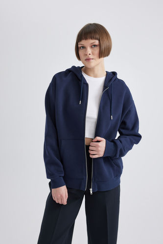 Relax Fit Hooded Thick Sweatshirt Fabric Cardigan