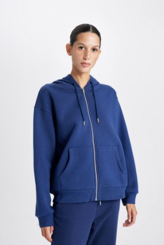 Relax Fit Kapüşonlu Cepli Basic Düz Fermuarlı Sweatshirt