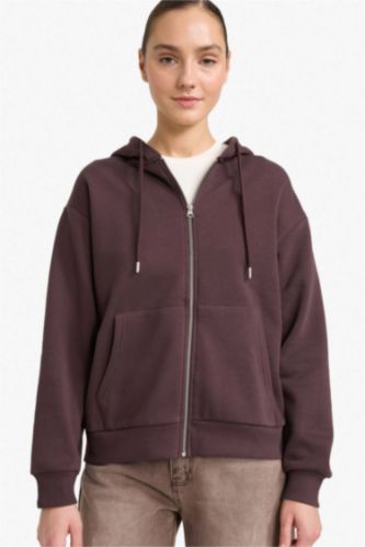 Relax Fit Kapüşonlu Basic Düz Kalın Fermuarlı Sweatshirt