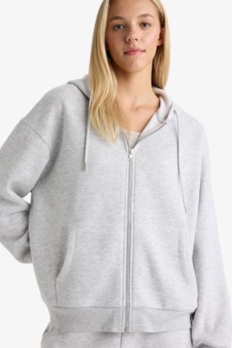 Relax Fit Kapüşonlu Basic Düz Kalın Fermuarlı Sweatshirt