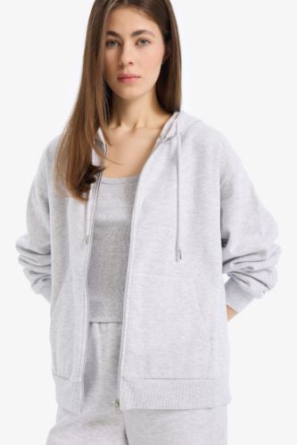 Relax Fit Kapüşonlu Cepli Basic Düz Fermuarlı Sweatshirt
