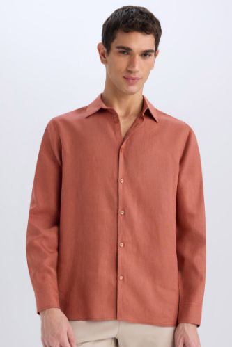 %100 Keten Regular Fit Polo Yaka Yazlık Basic Düz Uzun Kollu Gömlek
