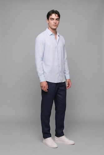 Men Light Blue Linen Long Sleeve Shirt