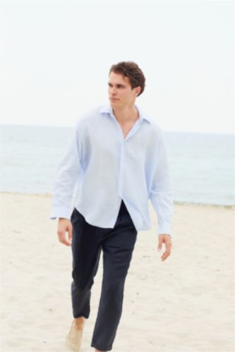 Men Light Blue Linen Long Sleeve Shirt