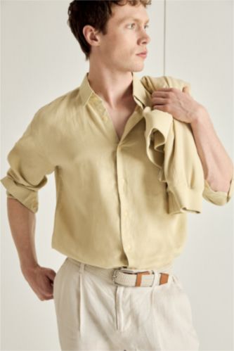 Erkek Bej Regular Fıt Polo Yaka Keten Uzun Kollu Gömlek