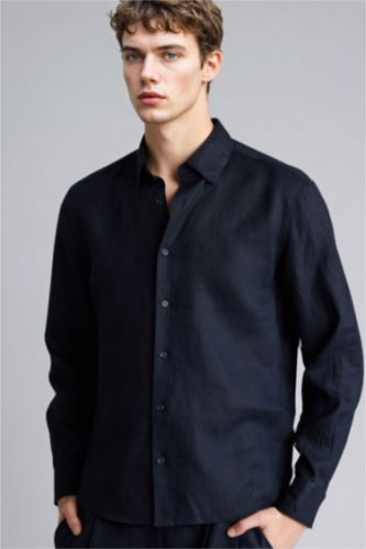 Erkek Lacivert %100 Keten Regular Fit Polo Yaka Yazlık Basic Düz Uzun Kollu Gömlek