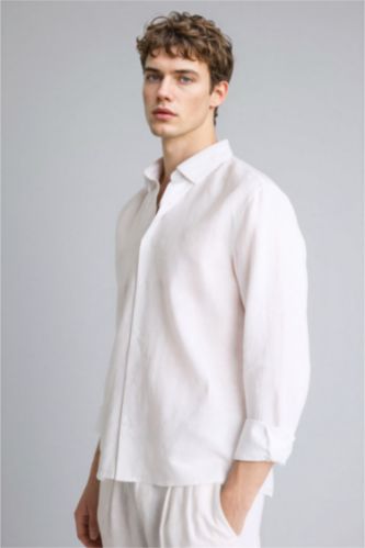 Erkek Kırık Beyaz %100 Keten Regular Fit Polo Yaka Yazlık Basic Düz Uzun Kollu Beyaz Gömlek