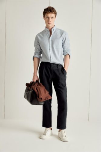 Erkek Lacivert Relax Fıt Duble Paça Keten Pantolon