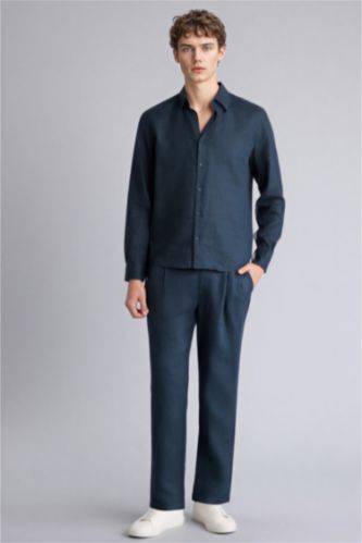 MAN Light Navy بنطلون كتان قصة مريحة وحافة مزدوجة