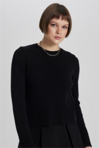Woman Black Regular Fit Crew Neck Pullover