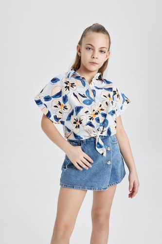 Girl Patterned Cotton Short Sleeve Crop Shirt