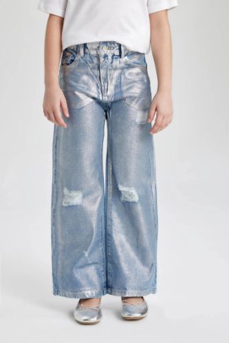 Kız Çocuk Wide Leg Yırtık Detaylı Geniş Paça Jean Pantolon