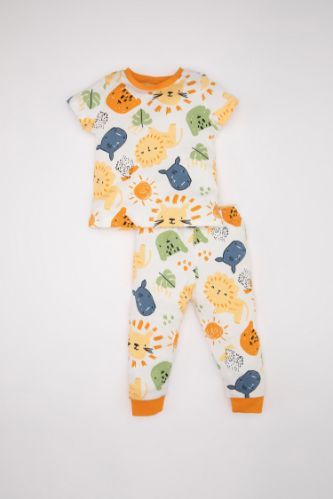 Erkek Bebek Pijama Takımı Safari Desenli Penye Kısa Kollu Üst Uzun Alt