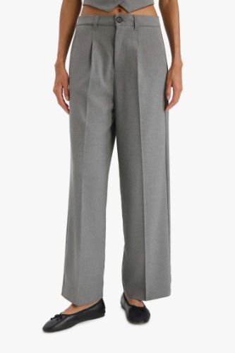 Wide Leg Gri Pantolon Geniş Bol Paça Basic Düz Uzun Boy Yüksek Bel Cepli Pensli