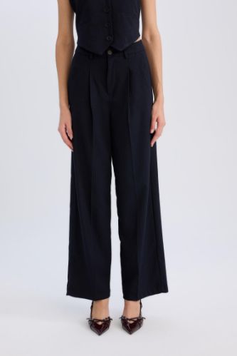 Wide Leg Klasik Lacivert Palazzo Pantolon Pensli Geniş Bol Paça Basic Düz Cepli Yüksek Bel