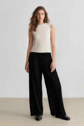 Wide Leg Klasik Lacivert Palazzo Pantolon Pensli Geniş Bol Paça Basic Düz Cepli Yüksek Bel