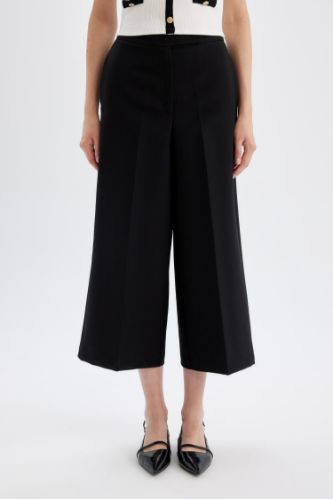 Klasik Chino Pantolon Culotte Siyah Basic Düz Normal Bel Cepli Geniş Paça