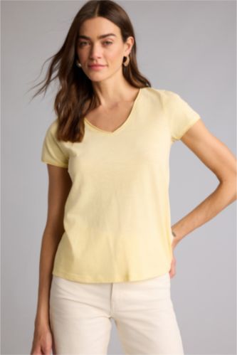 Женщины Светло-желтый Базовая однотонная футболка Regular Fit с V-образным вырезом и коротким рукавом