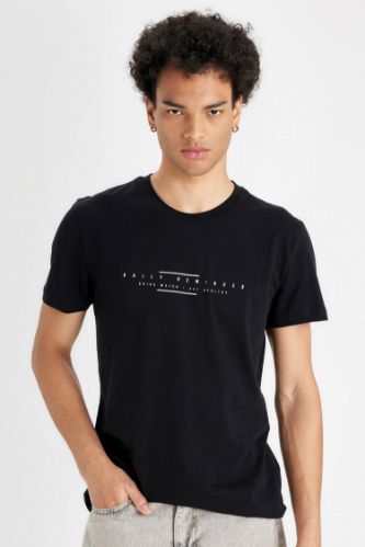 %100 Pamuk Siyah Slim Fit Dar Kesim Bisiklet Yaka Baskılı Kısa Kollu Tişört