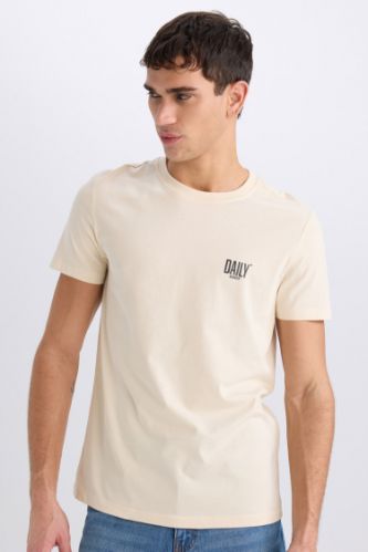 %100 Pamuk Slim Fit Dar Kesim Bisiklet Yaka Baskılı Kısa Kollu Tişört
