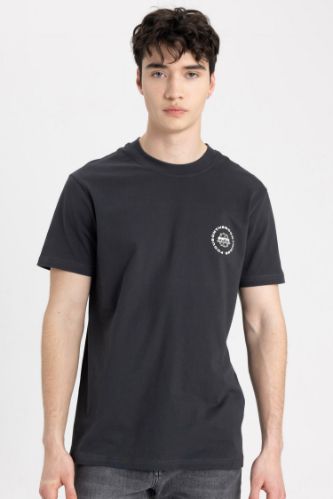 Erkek Antrasit %100 Pamuk Slim Fit Baskılı Tişört