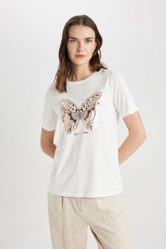 Regular Fit Crew Neck Butterfly Pattern Short Sleeve T-Shirt