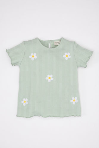T-Shirt Jersey Côtelé à Fleurs à Manches Courtes pour Bébé Fille